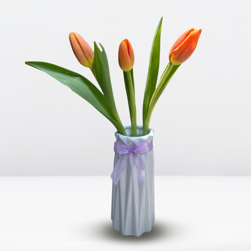 _ Jarrón Blanco con 3 Tulipanes (Colores Variados)